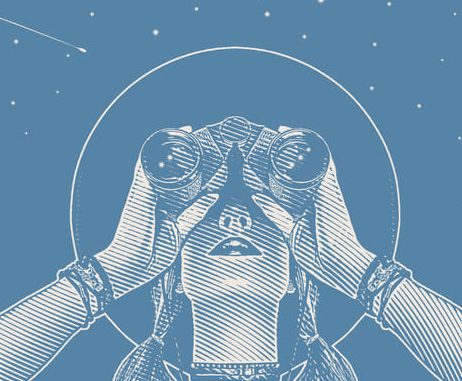 Illustration in blau weiß einer Frau, die durch ein Fernglas schaut und symbolisch auf der Suche nach einer effektiven psychotherapeutischen Methode