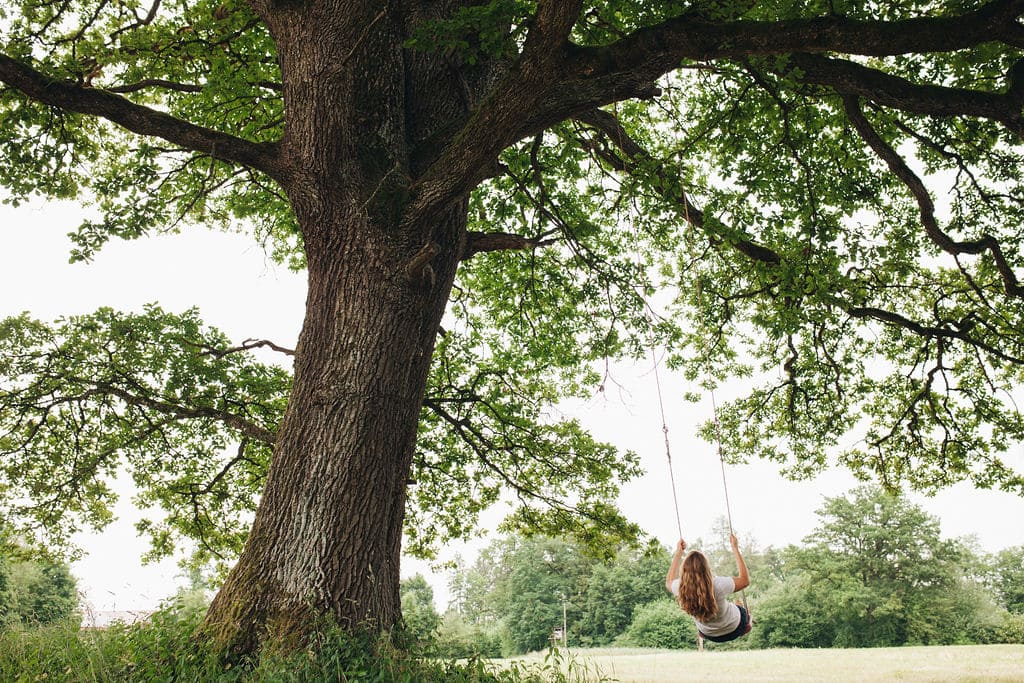 Frau von hinten, die auf einer Schaukel sitzt, die an einer großen Eiche befestigt ist: The Work of Byron Katie gibt dir innerliche Freiheit.
